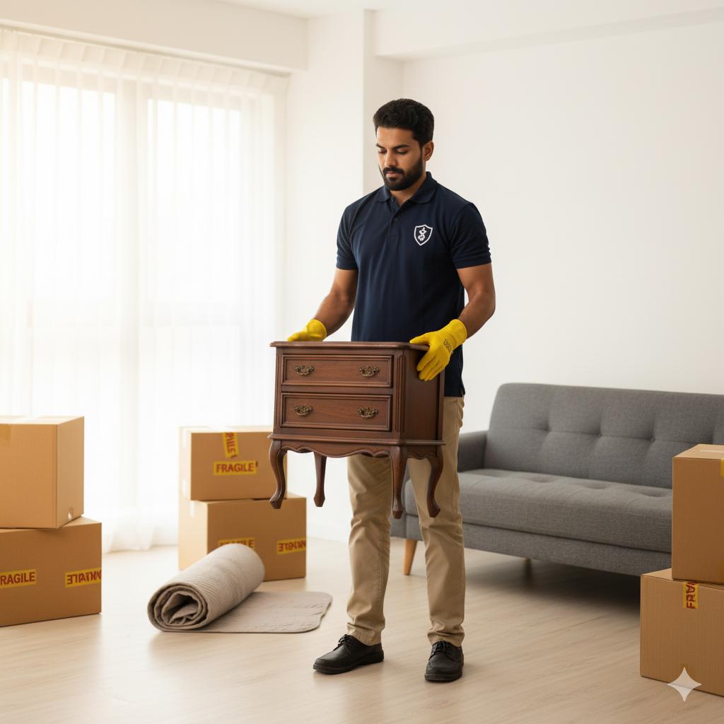 A mover assembling furniture in a new home