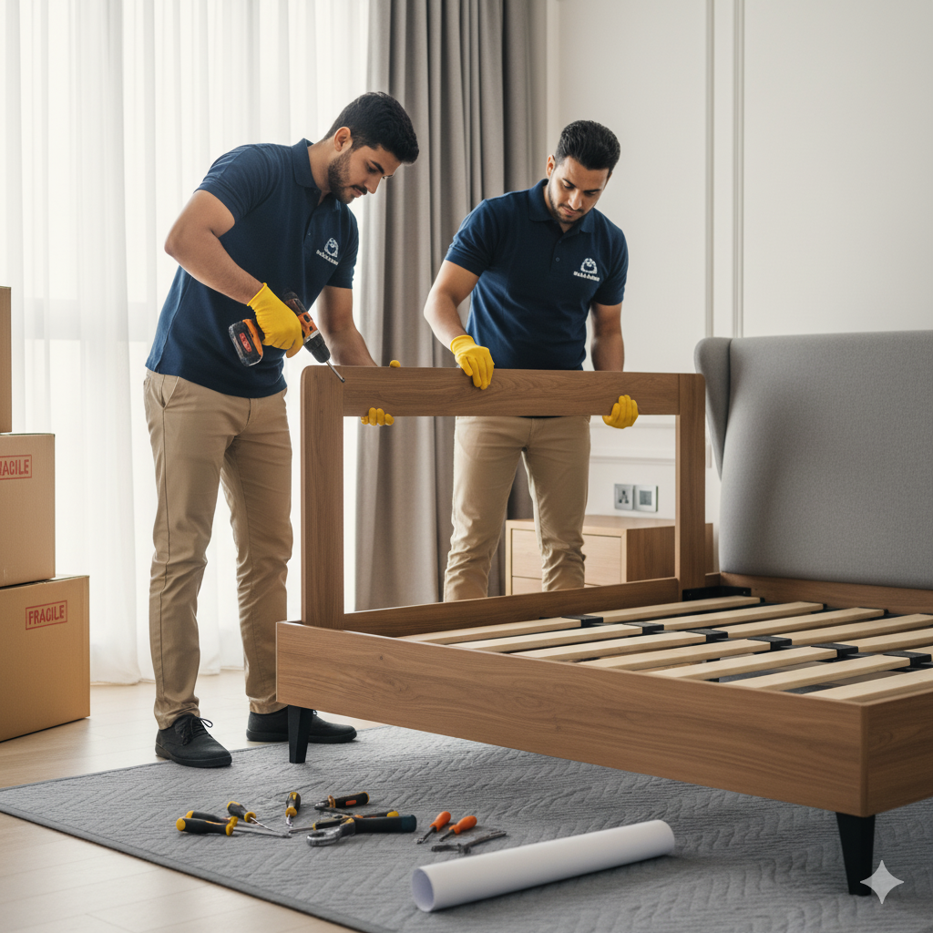 A mover assembling furniture in a new home
