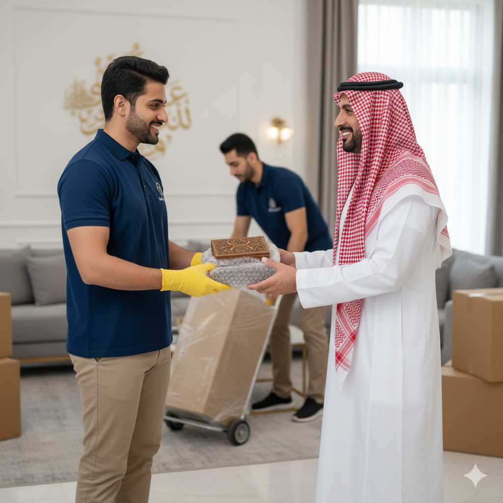 A mover assembling furniture in a new home